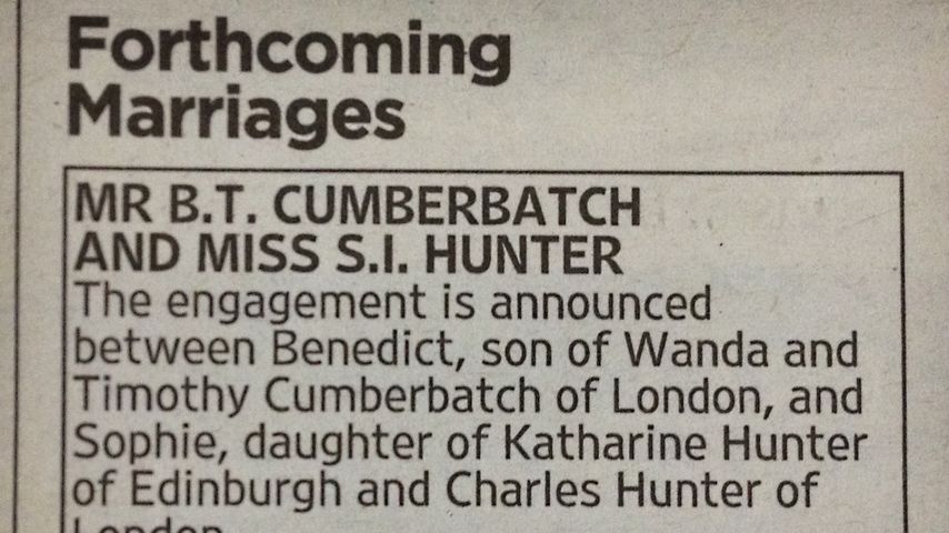 Verlobungsanzeige von Benedict Cumberbatch und Sophie Hunter